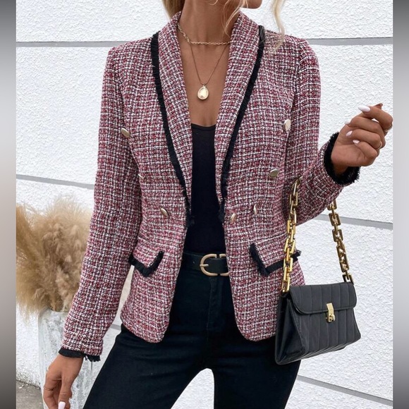 Luxe Plaid Tweed Button Down Blazer Jacket Coat - Picture 14 of 15